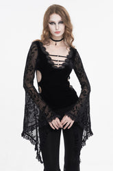 Chemise Punk Femme Noire à Manches Évasées et Plongeantes avec Insertions en Maille